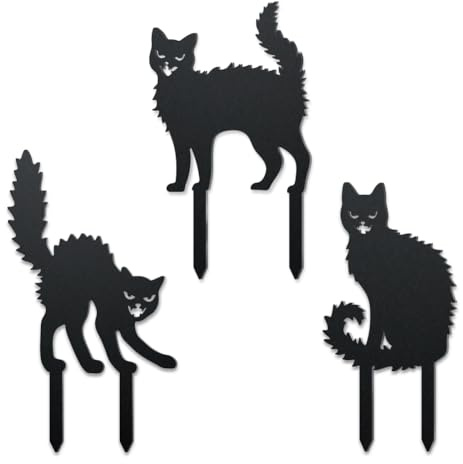 WADORN 3 Stück Halloween Gartenschild Mit Schwarzer Katze, Gruselige Schwarze Katzensilhouette Halloween Dekoration Gartenstecker Tier Gartenornament Aus Metall Geschenke Für Draußen Hinterhof Rasen