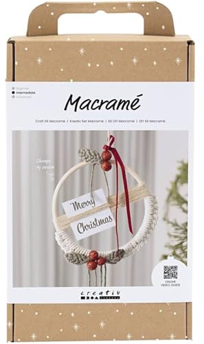 Craft Kit Macramé - Make a Macramé Christmas Wreath in Moss Green, Christmas Red and Off-White - Intermediate Difficulty Level