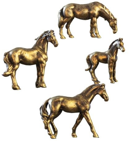 HAMPPLIES Kupferlegierung Miniatur Pferdefigur, Gold, 4 Stück, Vintage | Schreibtischdeko mit Pferden, Dekoratives Messingpferd, Tierskulptur aus Metall