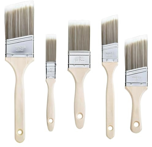 Qcdou 5 Pcs Wood Paint Brush set, Angled Sash Stain Brush Pack, Cutting in Paint Brush for Smooth Finish Painting with Emulsion, Gloss, Satin Paints on Wood, Walls, Ceilings, Metal, Wall Touch Up