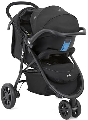 Joie litetrax™ 3 Leichtes 3-Rad-Reisesystem – Kompakt faltbar, flache Liegeposition & i-Snug™ 2 Babyschale inklusive, ab Geburt bis 3 Jahre (0–15 kg), coal