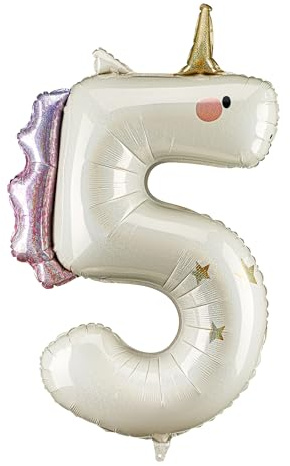 Folienballon Einhorn Ziffer 5-93cm - Luftballon für Helium oder Luft - Kunststoffballon für Kindergeburtstag Kinderparty Babyfeier - Ballon für Feste - Weiß Gold Pink | Luftballon 5 Geburtstag Dekorationen für Mädchen Einhorn Party Dekor Luft Helium Füllung
