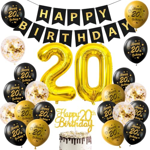 Deko 20. Geburtstag, Partydekorationen zum 20. Geburtstag in Schwarz und Gold, Luftballons zum 20. Geburtstag in Schwarz und Gold, Fotodekorationen zum Geburtstag, unisex.