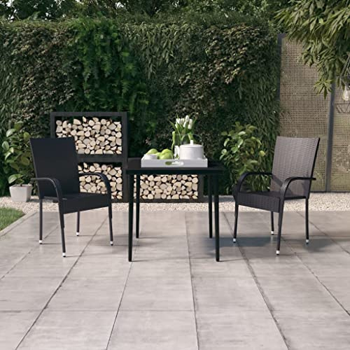 HGBNMER Salon de jardin 3 pièces noir avec table à manger plateau en verre et 2 chaises en rotin PE, cadre en acier revêtu par poudre, résistant à l'eau, jusqu'à 110 kg par siège