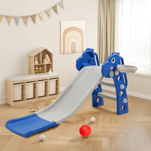 FUKEA Kids Slide, Toddler Slide with Climbing Frame, Basketball Hoop, Basketball, Indoor Outdoor Garden Slides for Toddlers Age 1-6 (Blue Deer)