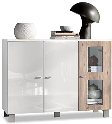 Vladon Sideboard Denjo, Made in Germany, Kommode mit 3 Türen, Weiß matt/Weiß Hochglanz/Eiche Nordic (107 x 81 x 35 cm)