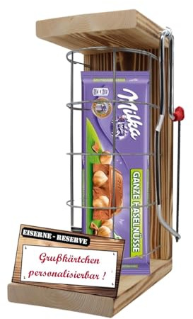 Personalisierte Geschenke für Männer Frauen Geschenkidee - Eiserne Reserve Gitter Text rot Milka Haselnuss Schokolade (1 x 280 g) incl. Notsäge - Papa Mama Geburtstag Hochzeit