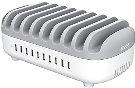 NTONPOWER USB Charging Station for 10 Mobile Phones and Tablets 120 W Docking Station for Docking Multiple Devices and Organise Desk-White