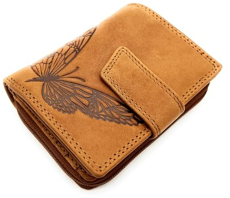 Jockey Club kleine echt Leder Geldbörse Portemonnaie Geldbeutel Sauvage Leder mit RFID Schutz Schmetterling (Braun)
