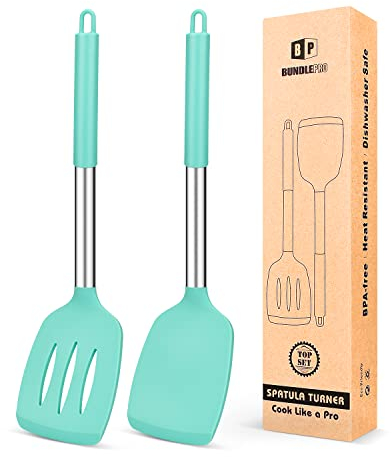 Juego de 2 Espátulas de Silicona, Espátula Antiadherentes Resistente al Calor, Utensilios de Cocina para Servir, Freir, Cocinar Huevos, Peacado, Verduras, Steak, Tortitas(Verde)