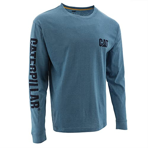 Caterpillar Trademark Banner Long Sleeve T-Shirt Teal - Tagless Back Neck for Comfort, Logo Print on Right and Left Chest