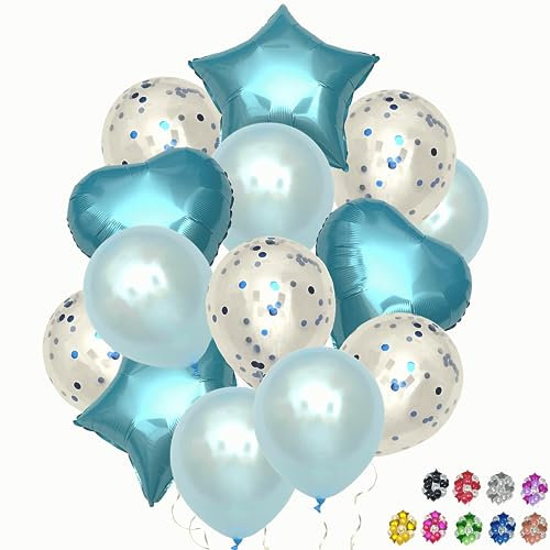 14 blaue Geburtstagsballons in Stern und Herzform aus Aluminium 45cm und Luftballons mit Konfetti und Metallic-Optik 30cm Luftballons für Geburtstag, Kinderparty, Hochzeit, Jahrestag, Abschlussfeier