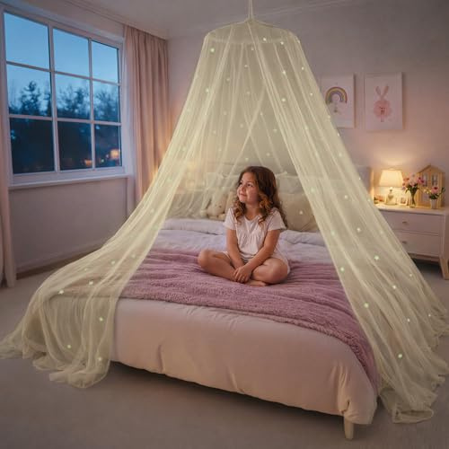 Bollepo Gelber Betthimmel für Mädchen mit leuchtenden Sternen – Prinzessinnen-Baby-Baldachin für Bett, Netzraumdekoration, Deckenzelt, Baldachin | Einzel-, Doppel-, Voll-, Queen-Size-Kinderbett