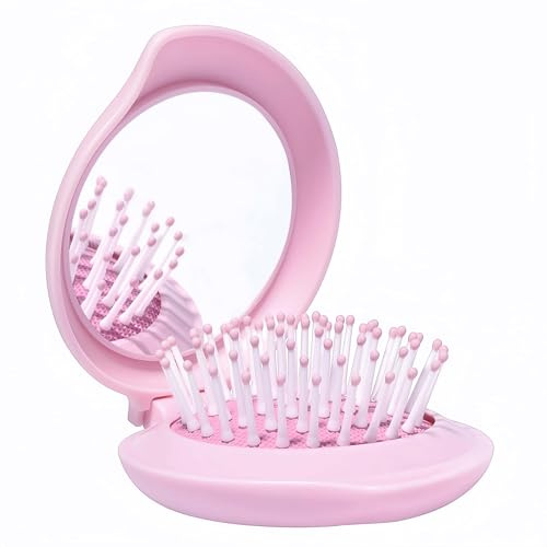 Arthaxi Mini Hair Brush for Purse, Pocket Hair Brush with Mirror for Girls, Small Portable Mirror with Brush Travel Size, Folding Hairbrush for Backpack (pink)