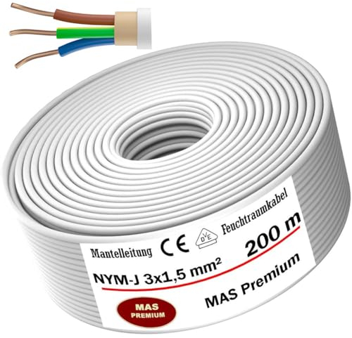 MAS Premium Von 5m bis 200m MAS-Premium Stromkabel Mantelleitung NYM-J 3x1, 5 mm² Elektrokabel Ring für feste Verlegung (200m)