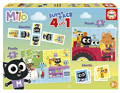 Educa - Milo Superpack 4in1, inkl. Domino, Memo Spiel und 2 Puzzles, für Kinder ab 3 Jahren (19684)