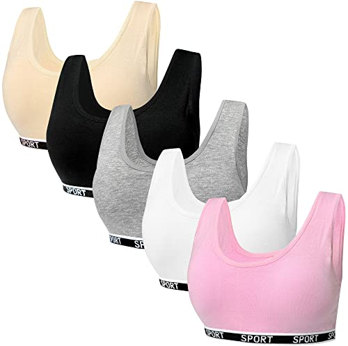 5er-Pack Mädchen Sport BHS Teens U-förmiger Rücken Unterwäsche mit Abnehmbar Gepolsterte Bralette Top Bustier für 8-12 Jahre Kinder