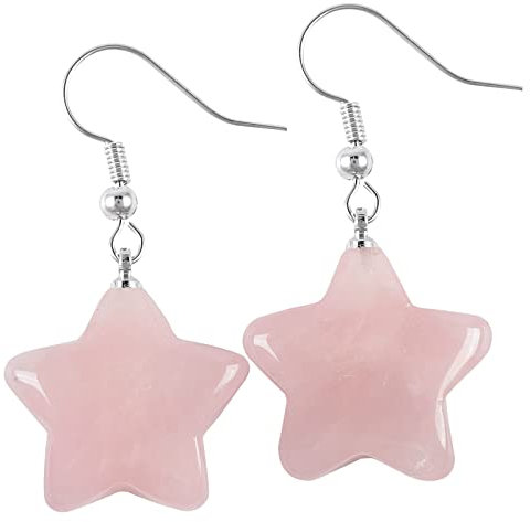 mookaitedecor Healing Crystal Rose Quartz Star Shaped Drop Earrings for Women Girls Birthday Jewellery Gift, Semi Precious Jewellery, Simple Fashion Quartz Crystal Pink Stone Short Dangle Earrings