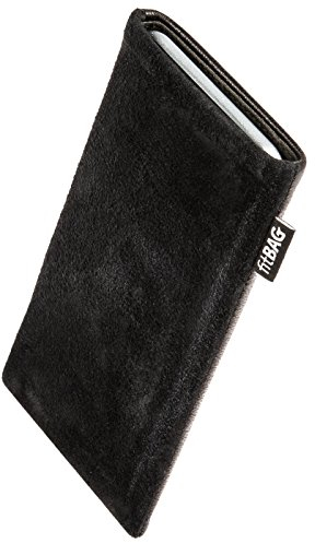 fitBAG Fusion Schwarz/Schwarz Handytasche für Apple iPhone 15 Pro Tasche aus Nappaleder/Wildleder mit Microfaserinnenfutter | Hülle mit Reinigungsfunktion | Made in Germany