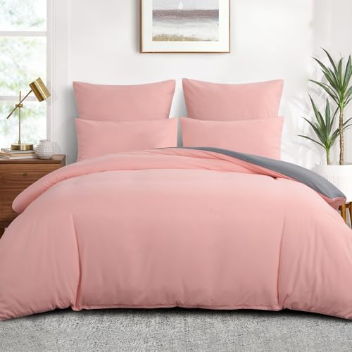 Aisbo Bettwäsche 220x240 3teilig Rosa Grau - Oeko-TEX Wendebettwäsche 220x240cm 3tlg mit Reißverschluss, zweifarbige Bettbezug aus weich Mikrofaser mit Kissenbezüge