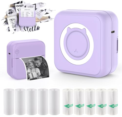 Mini Taschendrucker, Tragbarer Thermo Fotodrucker mit 6 Rollen Druckpapier für iOS/Android Bluetooth Tintenloser Drucker Etikettendrucker für Tagebücher, Studiennotizen, Etiketten, Memos(Lila)