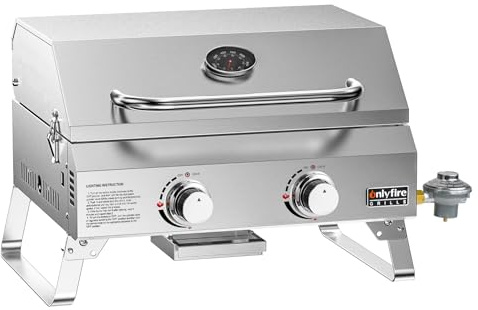 ONLYFIRE GRILLS 2 quemadores de gas de mesa, propano portátil de acero inoxidable con tapa