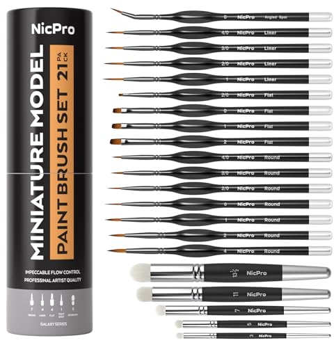 Nicpro 21PCS Miniature Paint Brushes, Drybrush Model Paint Brush Set for Acrylic Watercolour, Detail Paint Brush Dry Brush for Model, Miniature Painting, come with Container
