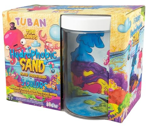 TUBAN Hydrophober Sand – Set mit 5 Farben und Aquarium – Farben: Gelb, Orange, Rot, Blau, Violett – Sinnes-Sand – Spielzeug für Kinder
