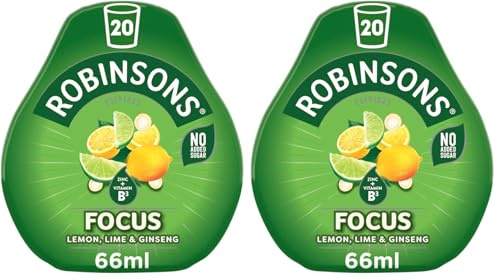 Robinsons Focus Benefit Drops Lemon, Lime & Ginseng with Vitamin B3 and Zinc - with Real Fruit Juice - No Artificial Colours - No Added Sugar - Perfect for Travel - 66ml (Pack of 2)