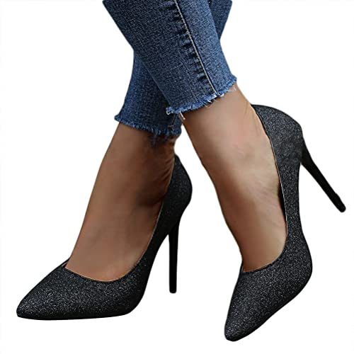 Minetom Damen High Heels Stiletto Pailletten Pumps Spitz Party Basic Schuhe Geschlossen Braut Damenschuhe Glänzend Sandalen Abendschuhe A Schwarz 44 EU