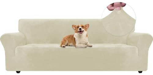 Ystyle Sofa Überzug Samt 4 Sitzer, Stretch Sofabezug, Sofaschoner rutschfest, Elastischer Sofa Bezug, Sofa Cover Mit Armlehnen, Bezug Sofa Sofaschutz Katze Couchschoner Sofa Decken, Beige