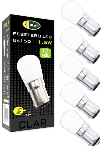 CLAR - Bombillas LED Potentes, Bombilla Maquina de Coser, Bombilla Campana Extractora, Bombilla Frigorífico, Bombillas LED Luz Fría, Bombillas Lampara Sal, Casquillo BA15D 1,5W 230V 6000ºK (Pack 5)