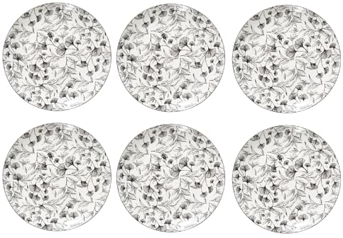 Lot De 6 Assiettes Plates En Porcelaine à Motif Floral - Blanc/noir - D 27 Cm