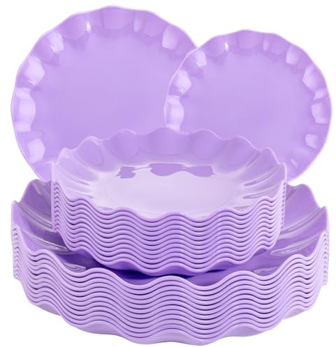LIYH 24pcs Purple Plastic Plates Reusable, Unbreakable Dinner Plates,Scalloped Plate,Microwave & Dishwasher Safe Unbreakable Party Plate for Birthday (12Guests)