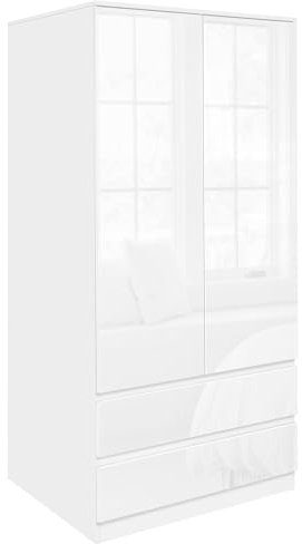 Blisswood High Gloss Wardrobes for Bedroom 2 Door 2 Drawer Wardrobe with Shelf Hanging Rail Cloth Storage Wooden Wardrobe with Drawer Large Cupboard Bedroom Furniture, White