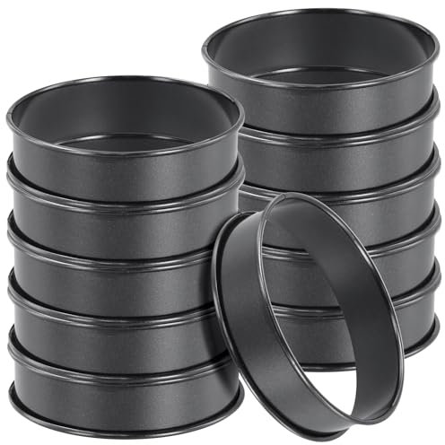 JEUIHAU 10 Pack 10 cm Black Crumpet Rings, Stainless Steel Non Stick English Muffin Rings, Double Rolled Tart Baking Ring for Eggs, Pancake, Beef Patty Making