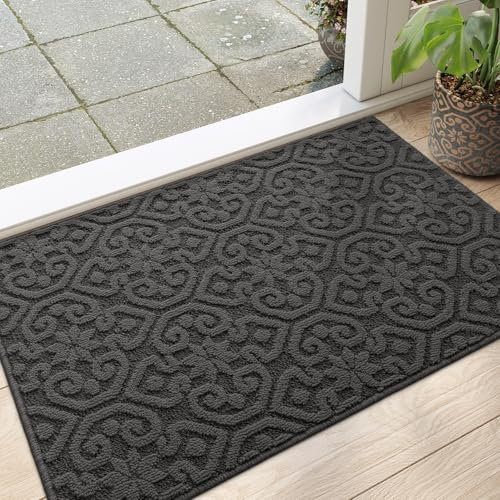 DEXI Door Mats Indoor 61 x 92 cm, Dirt Trapper Doormat with Non Slip Rubber Backing, Thin Washable Front Entrance Mat for Inside, Patio, Porch, Charcoal