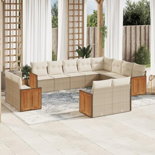 Conjunto de sofás de jardín, diseño modular con cojines desenfundables y lavables, ratán PE beige, acero con recubrimiento en polvo, madera de acacia, para patio, terraza y exterior
