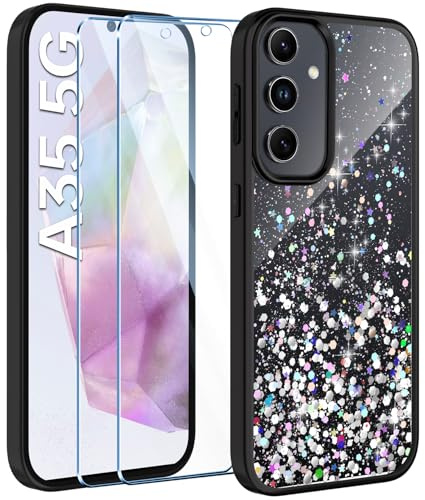 ivencase Glitzer Handyhülle Kompatibel mit Samsung Galaxy A35 5G Hülle, Klar Silikon Case+2 Stück Schutzfolie, Transparent Pailletten Kratzfest Hülle Weich TPU Stoßfeste Schutzhülle A35 - Schwarz