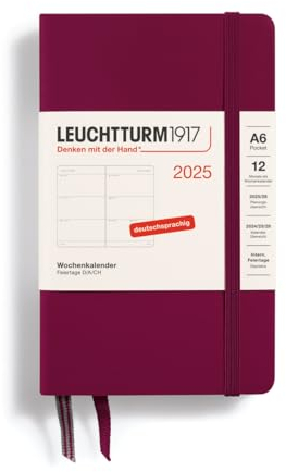 LEUCHTTURM1917 370551 Wochenkalender Pocket (A6) 2025, Port Red, Deutsch