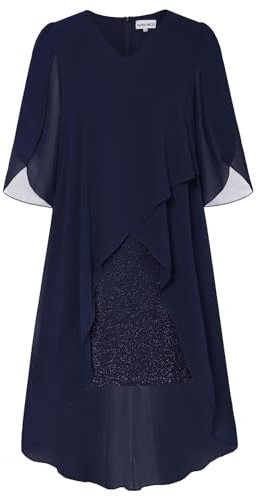 Hanna Nikole Damen Chiffon Cocktailkleid Cape Business Kleider Dunkelblau XL