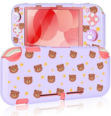 DLseego Protective Case for Switch Lite,Lovely Bear Theme Sturdy PC Case Cover Accessories Switch Lite Game Grip Case with 2PCS Thumb Grips Cover,Purple