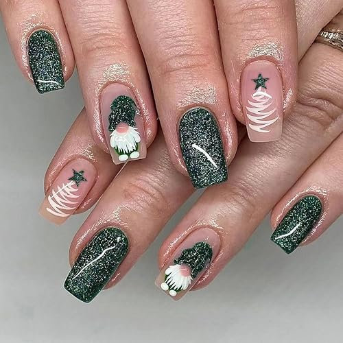 24 Stück Weihnachten Falsche Nägel Kurz – Grüne Schneemann Design, Christmas Falsche Nails Full Cover Kunstnägel mit Nagelkleber, Mittellange Square Natural Acryl Künstliche Fingernägel (Grün)