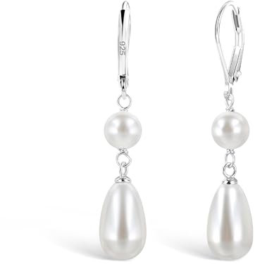 ALEXCRAFT Silber 925 Ohrringe Perlen für Damen, Französische Ohrringe mit Perlen Anhänger Lange Ohrhänger Tropfenohrringe Hängende Ohrring mit Perlen für Damen Frauen