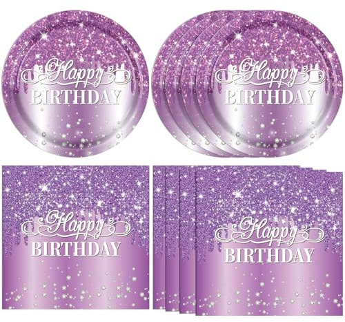 40Pcs Purple Happy Birthday Decorations for Women Happy Birthday Plates and Napkins Set Serve 20 Guests Purple Plates and Purple Napkins for Women Girls Engagement Anniversary Birthday Decorations