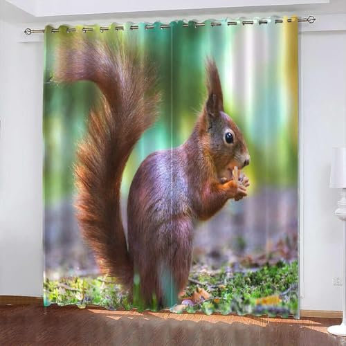 Latwerio 3D Drucken Gardinen Eichhörnchen Wohnzimmer Vorhänge, Eichhörnchen Vorhang Blickdicht Ösen Wärmeisolierend Gardine, Schlafzimmer Deko Curtain 2 Stücke 117 x 138 cm BxH w9247