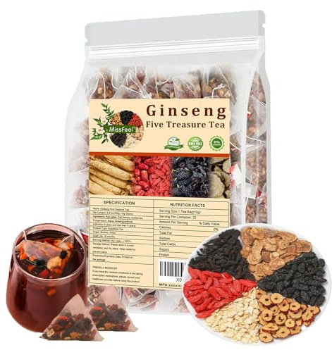 Ginseng Five Treasure Tea, Kidney Tea Formula Ginseng Six Treasure | kidney Detox tea for Men&Women, Chinese Herbal, 6 Precious Ingredients Formula (1 Bag 25 Pcs)