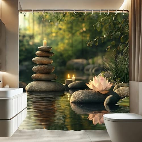Zen Garden Shower Curtain, Natural Stone and Water Lily Design for Bathroom, Tranquil Modern Decorative Waterproof Shower Curtain Set with Hooks 72x78 Inch