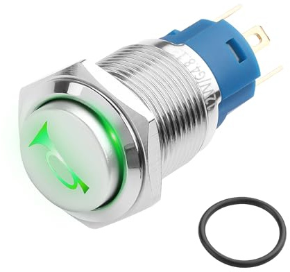 YACSEJAO Interruptor de claxon de coche 12V, botón con luz LED verde, interruptor de encendido/apagado, reset, llave, IP66, impermeable, altavoces de metal, botón de encendido/apagado para motocicleta