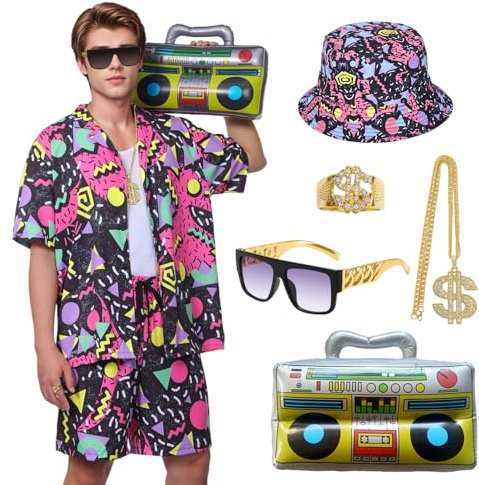 Antsparty Déguisement Année 80 Homme Femme, Costume Annee 80 Rétro Manches Courtes et Shorts avec Le Chapeau Accessoires Disco, Costume Années 80 Survêtement Carnaval Disco Soirée